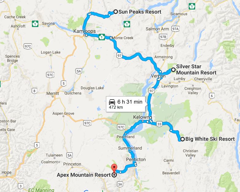 A map with a blue line indicating the route between Apex Mountain Resort and Sun Peaks Resort.