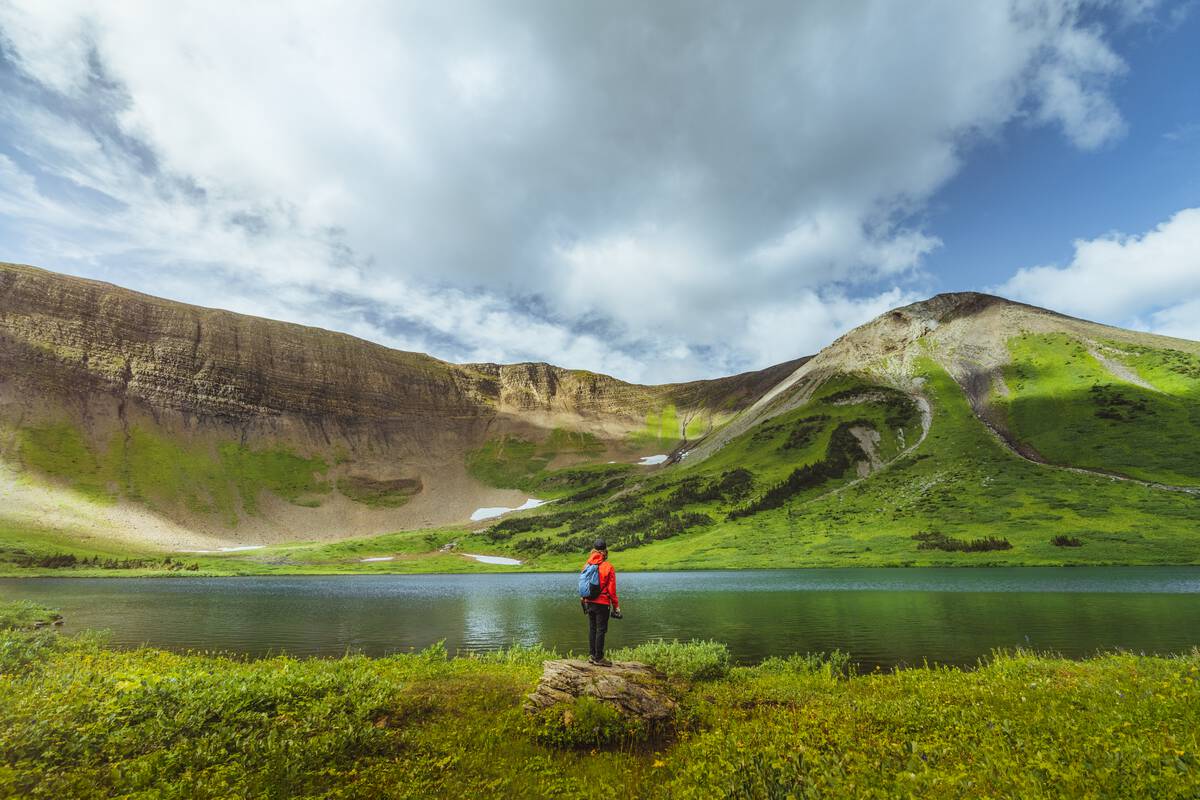 A person stands on a rock overlooking a small alpine lake, surrounded by lush green alpine foliage and rocky mountaintops.