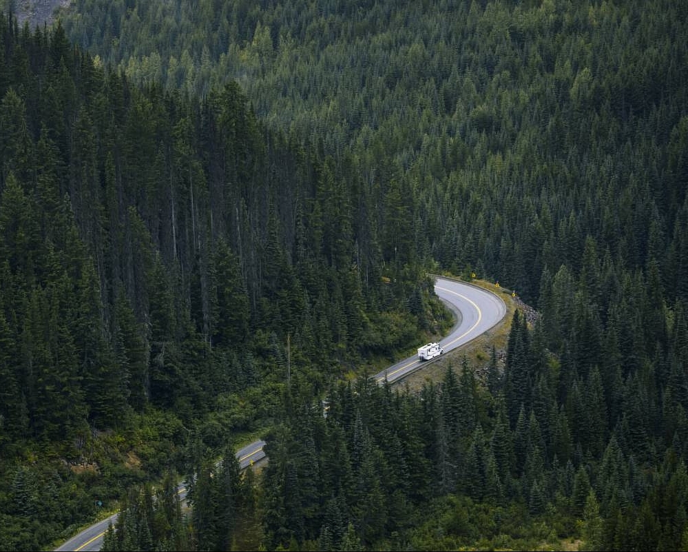 A road winds through thick forest; an RV travels along the road.