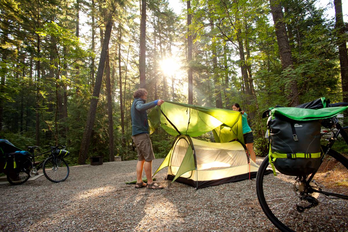 Couple setting up their tent at a campsite at a campsite surrounded by tall trees with sunlight shining through.