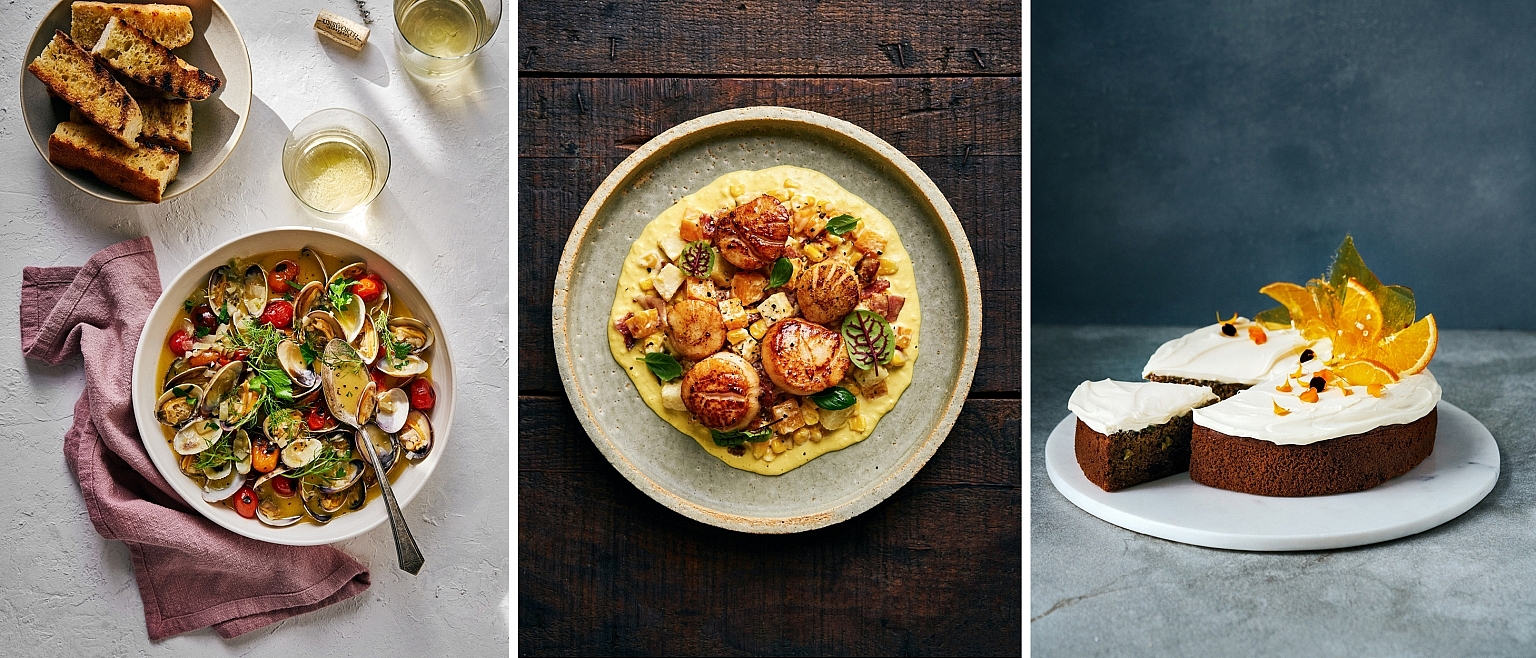 Three separate images of plated dishes: from left mussels and tomatoes in a broth; scallops and greens set on a creamy sauce; a rich cake with a white, fluffy icing